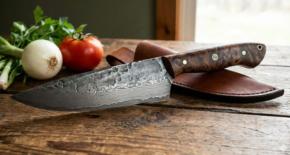 An image of a knife on a cutting board. 