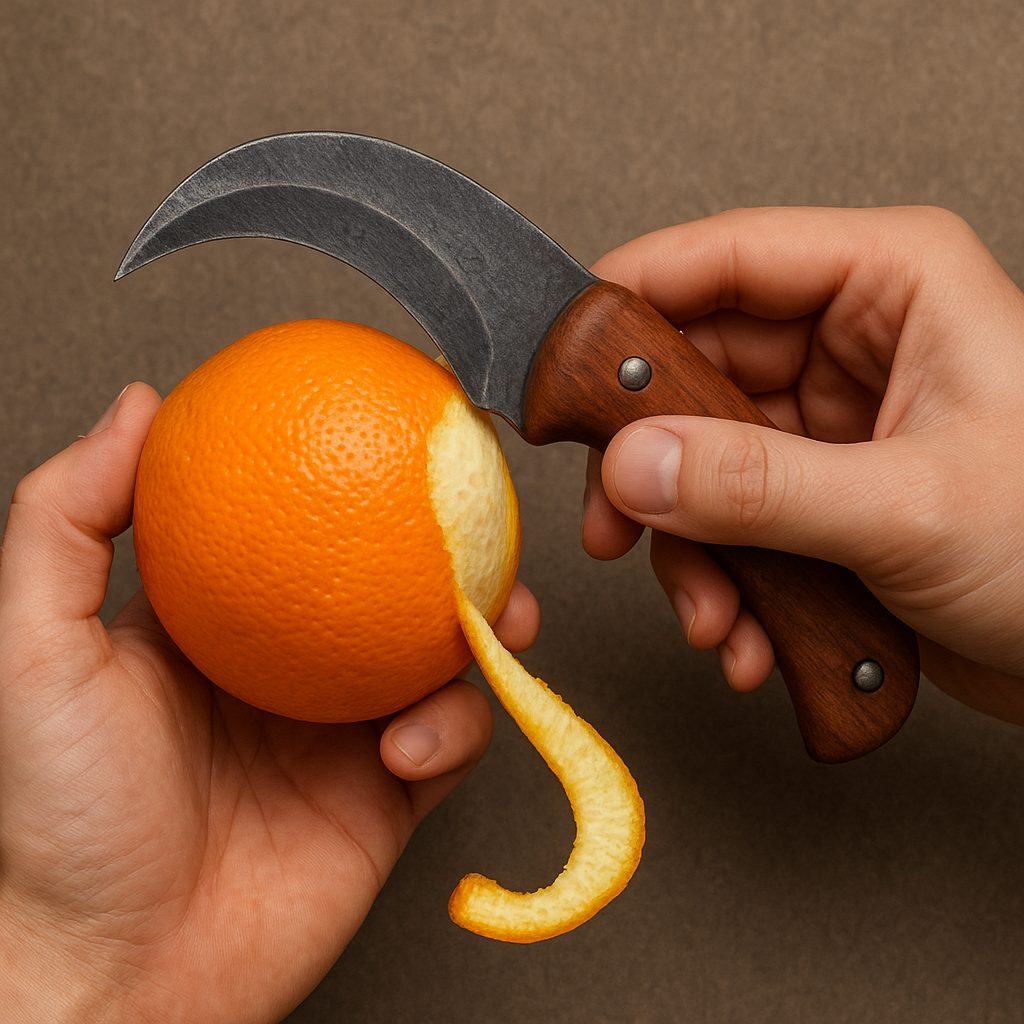 An image of a curved knife peeling an orange. What is a knife with a curved blade used for?