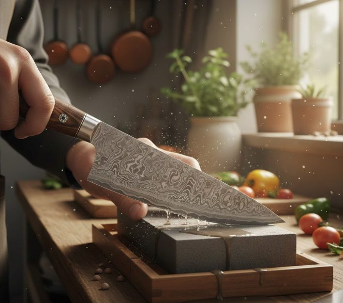 an image of a knife being sharpened on a whetstone.
