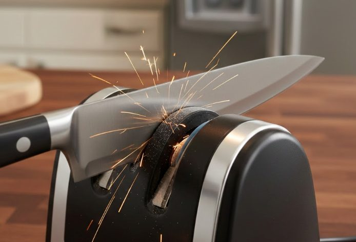 an image of a knife being sharpened in a Knife Sharpener. 