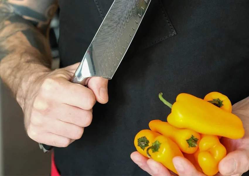 An image of someone holding a knife. How to hold a chef knife? He clearly doesn't know.